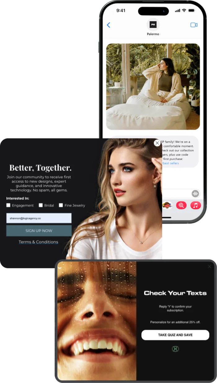 Examples of email, SMS, and pop-up marketing on mobile